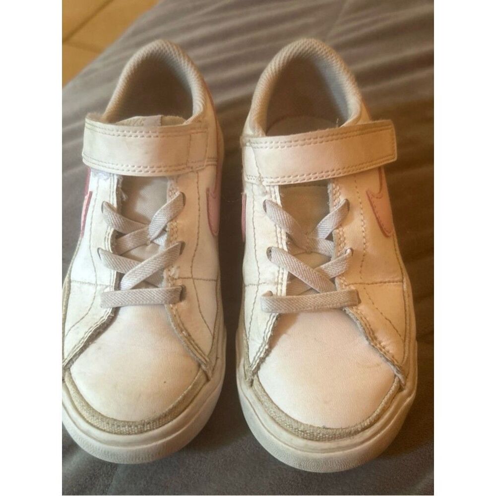 Nike Kids White Sneakers with Pink Swoosh and Velcro